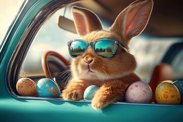 brown rabbit wearing reflective sunglasses sitting in a car window surrounded by colorful decorated eggs with a relaxed and cool expression