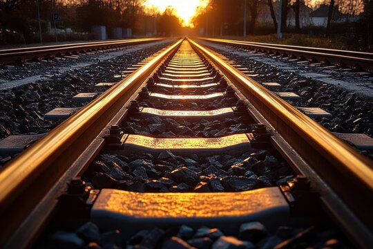 Sunset illuminating railway tracks stretching into the distance surrounded by trees and gravel under a clear sky - Powered by Adobe
