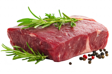 Fresh cut of red meat garnished with sprigs of rosemary and scattered black and red peppercorns. set against a clean white background. ideal for culinary and food photography use