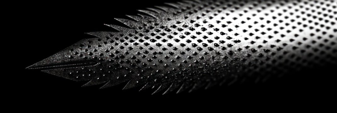 Close-up black and white image of a textured, serrated surface with a pointed tip showing fine details and shadows creating a dramatic and mysterious atmosphere - Powered by Adobe