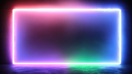 Glowing rectangular neon frame with vibrant gradient colors on dark textured background creating a futuristic and dynamic atmosphere