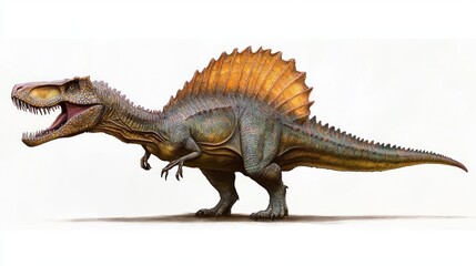 Obraz premium Side view of a large prehistoric dinosaur with a sail-like structure on its back and an open mouth showing sharp teeth against a plain background