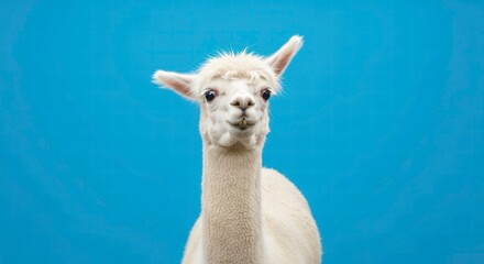Naklejka premium Alpaca's Innocent Gaze: An adorable alpaca with fluffy, white fur gazes directly at the viewer, its expressive eyes conveying a sense of innocence. against bright blue background