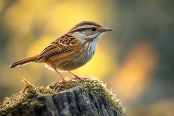 Fototapeta premium small brown bird with striped feathers perched on moss-covered tree stump with blurred warm background
