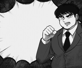 太った熱血ビジネスマンの吹き出しイラストバナー