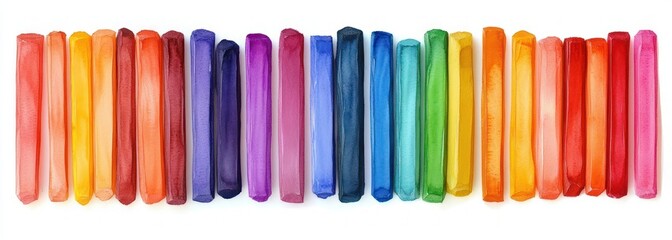Array of colorful pastel sticks arranged horizontally in a gradient pattern showing vibrant colors from reds, oranges, yellows, purples, blues, and greens on a white background
