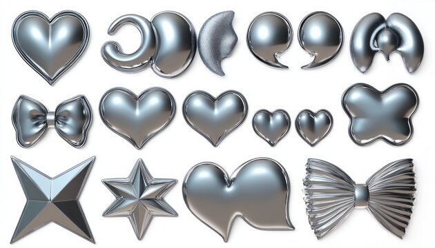 Shiny metallic silver shapes including various hearts, crescent moons, bows, stars, and abstract forms arranged on a white background with a smooth reflective surface