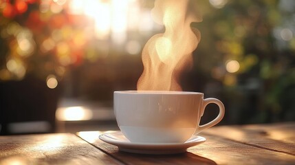 steaming cup of hot beverage on wooden table with warm sunlight in blurred natural background creating cozy atmosphere