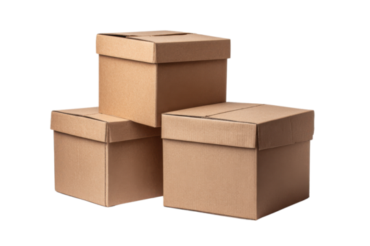 Three stacked cardboard boxes with lids closed against a black background container, Isolated On Transparent Background, Png