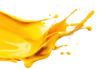 A splash of yellow paint dynamically arcs through the air. creating an energetic visual effect against a clean white background. ideal for creative projects or artistic expressions