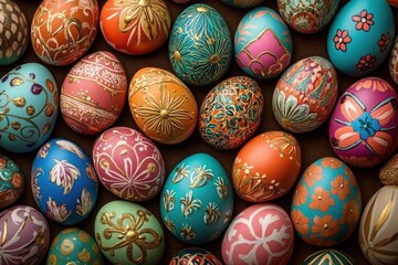 Collection of vibrantly colored Easter eggs decorated with intricate floral and abstract patterns in gold, pink, blue, orange, and green on a dark background