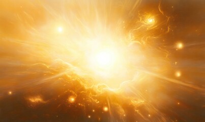 Bright glowing celestial scene with radiant golden light beams and swirling luminous cosmic clouds emitting warmth and energy