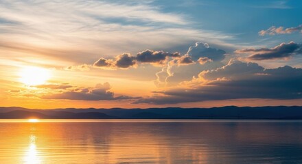 Vibrant sunset over a calm lake or sea, with the sun setting behind distant hills, casting golden and orange reflections across the water under a dramatic, cloudy sky