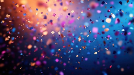 Colorful confetti pieces falling against a blurred gradient background creating a festive and joyful atmosphere