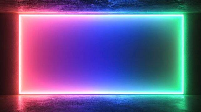 Rectangular neon light frame glowing with vibrant pink, purple, blue, and green colors in a dark empty room creating a futuristic and colorful atmosphere - Powered by Adobe