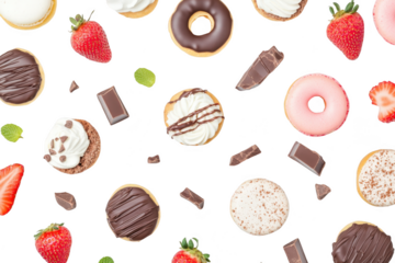 An assortment of delicious pastries and desserts including donuts. cupcakes. and chocolate pieces. beautifully arranged on a white background with fresh strawberries and mint leaves for a and appetizi