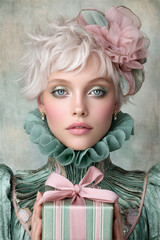 Glamorous Christmas portrait captures a fashionable model holding gift box. Decorative elements. soft colors and refined details create a polished holiday aesthetic