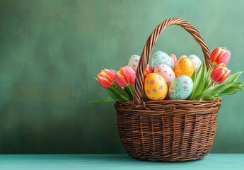 Wicker basket filled with colorful decorated Easter eggs and pink tulip flowers against green background evoking spring celebration and freshness