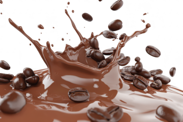 A dynamic splash of rich chocolate with coffee beans bursting through the surface. capturing the essence of indulgence in a and energetic setting. perfect for culinary visuals