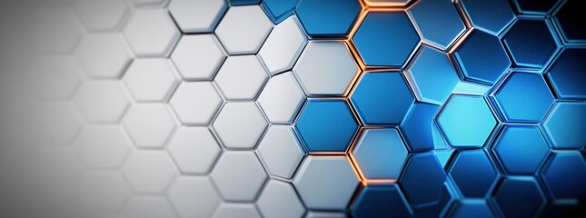 Abstract pattern of interconnected hexagonal tiles with metallic edges, featuring gradient shades of blue and highlighted by glowing orange lines