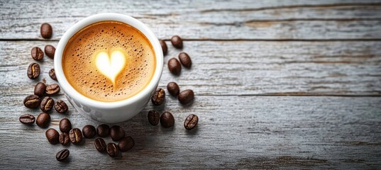 Cup of coffee with heart-shaped latte art surrounded by scattered coffee beans on a rustic wooden surface