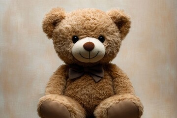 Obraz premium Close-up of a smiling light brown teddy bear with a dark brown bow tie sitting against a neutral background, evoking warmth and comfort