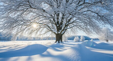 Majestic snowcovered tree standing prominently in a bright, sunny winter landscape with deep snow drifts and sunburst shining through branches