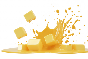 A dynamic splash of melted butter with floating cubes. creating an appealing visual effect against a light background. ideal for culinary or food-related themes