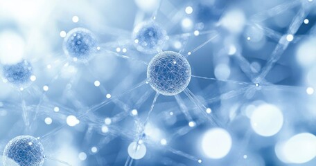 Close-up visualization of interconnected translucent spheres with thin filaments in a soft blue glowing network representing scientific or molecular structure