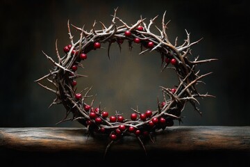 crown made of dry thorn branches decorated with small red berries resting on rustic wooden surface with dark background