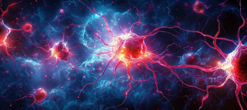 Close-up view of glowing neurons interconnected by dendrites in a vibrant neural network with bright, fiery centers against a dark blue cosmic-like background