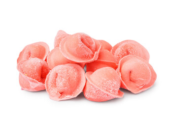 Pink raw dumplings on white background