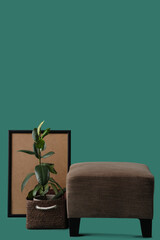 Soft pouf with plant and frame on green background