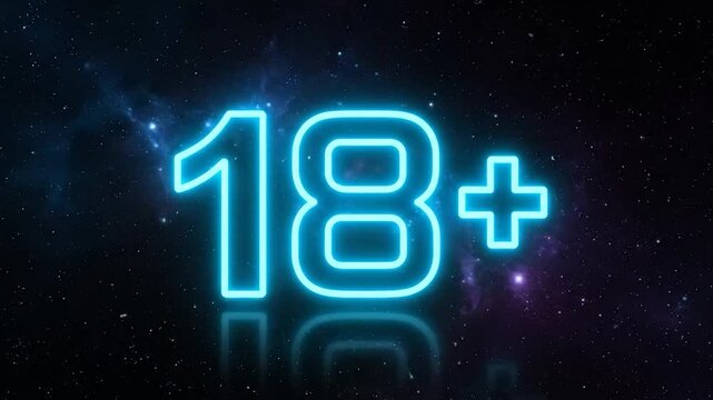 Glowing neon "18+" sign against a backdrop of stars and nebulas in space