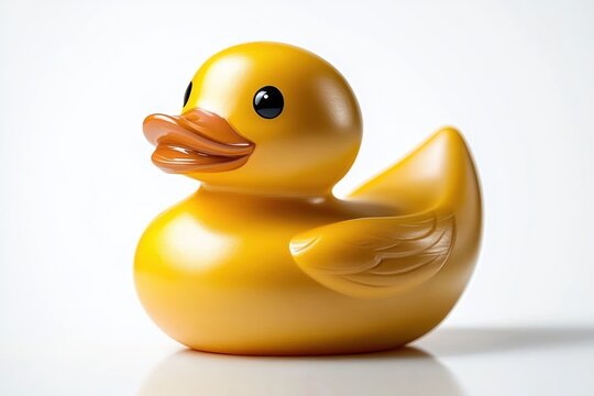 Close-up of a shiny yellow rubber duck with smooth texture and large black eyes on a white background