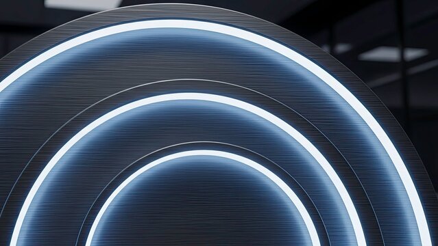 Close up of a futuristic metallic circular object with glowing blue neon light rings in a dark setting