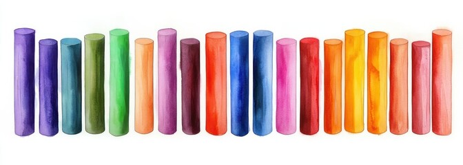 Row of colorful vertical watercolor cylinders arranged in a flowing pattern with vibrant hues against white background