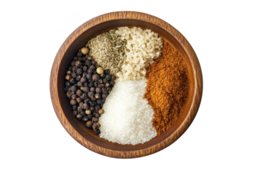 A beautifully arranged wooden bowl filled with various spices including black pepper. sea salt. and paprika. a culinary theme perfect for food photography and recipe illustrations