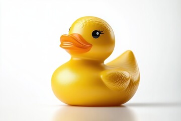 Close-up of a yellow rubber duck with an orange beak and detailed eye on a white background