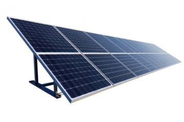 A modern solar panel array positioned at an angle. its sleek design and efficiency in harnessing solar energy. set against a clear blue sky. ideal for renewable energy discussions
