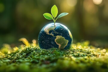 Small green plant sprouting from a miniature earth globe placed on moss with blurred natural background, symbolizing growth and environmental care