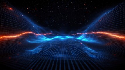 Abstract digital landscape with flowing blue grid and dynamic orange light wave under starry sky, representing energy and futuristic technology