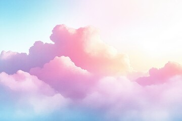 Fototapeta premium Soft, fluffy clouds in pastel colors with a gradient sky transitioning from blue to pink and warm sunlight creating a calm and dreamy atmosphere