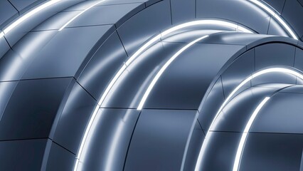 Abstract futuristic background with glowing neon light rings on metallic curved surface in dark blue tone