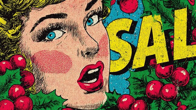 A vibrant holiday pop art design featuring a super hot promotion, incorporating dynamic Christmas elements, using strong red, green, and yellow tones combined with striking silhouettes.
