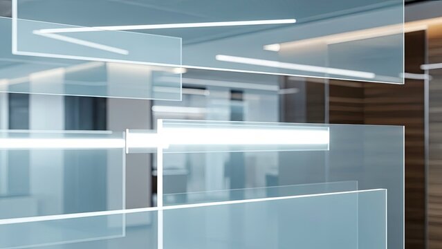 Abstract composition with floating transparent glass panels and glowing light streaks in a modern office interior background