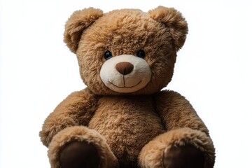 Obraz premium soft brown teddy bear with smiling face and black eyes sitting upright against white background