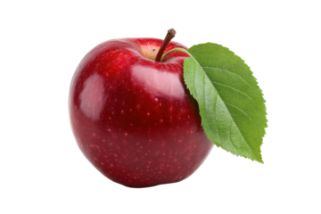 Single shiny red apple with green leaf on black background fruit food, Isolated On Transparent Background, Png