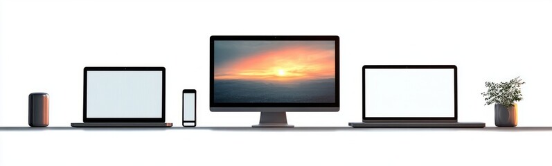 Minimalist modern workspace with two laptops, one desktop monitor displaying a sunset, smartphone, speaker, and a potted plant on a white surface under bright lighting