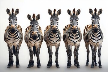 Obraz premium Straight frontal view of five zebras standing evenly spaced on a white background with alert expressions
